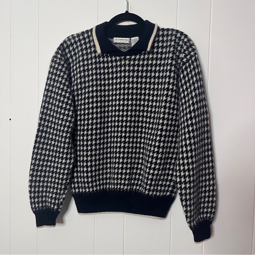Vintage Liz Claiborne Navy/White Houndstooth Collared Sweater Wool/Angora M